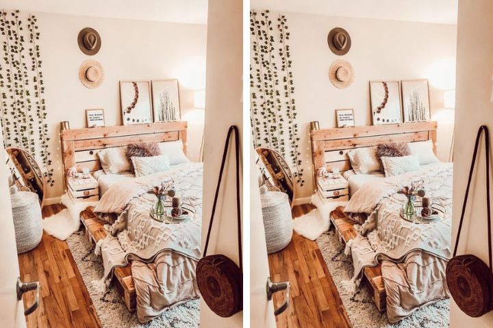 Trang trí phòng ngủ với giường pallet phối tranh ảnh